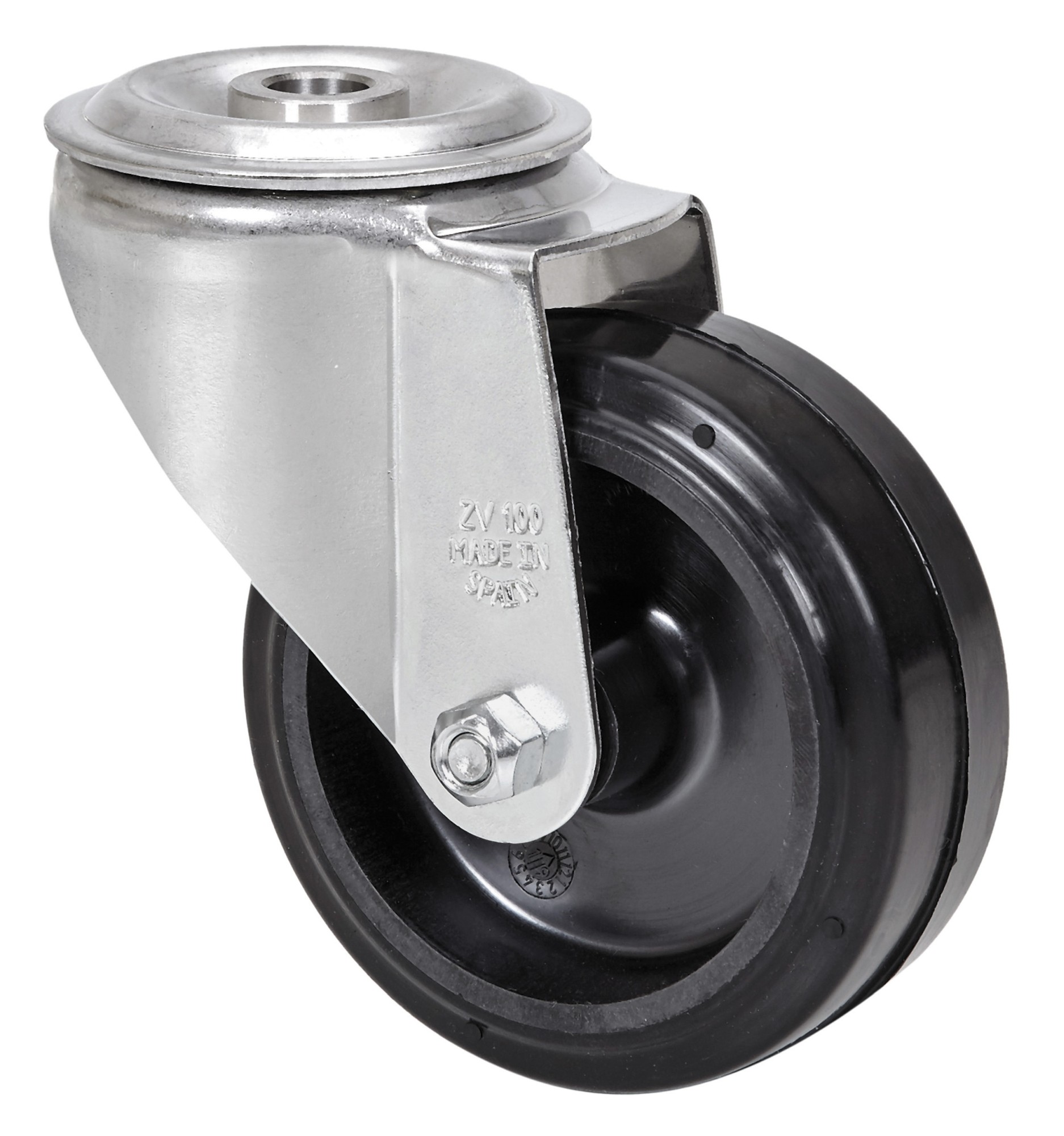 ALEX - RUEDA GIRATORIA.AGUJERO M12 INOX.20ZVI100-THG GOMA NEGRA TECNOPOLIMERO LISO