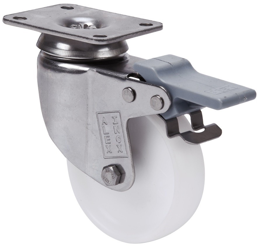 ALEX - RUEDA GIRATORIA.PLACA FRENO INOX.10BHIFD60-BP PLASTICO BLANCO EJE LISO