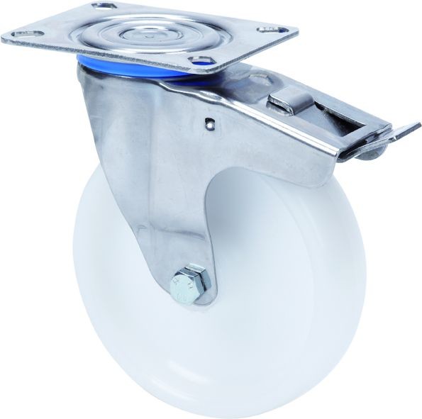 ALEX - RUEDA GIRATORIA.PLACA FRENO INOX.10ZLIFD125-UT POLIAMIX BLANCO EJE LISO