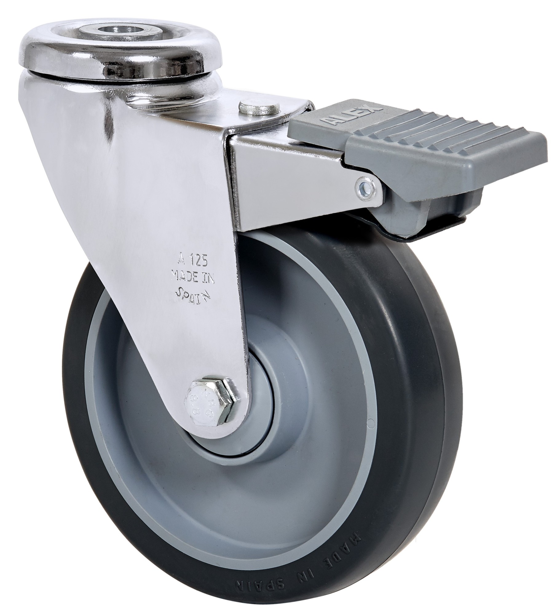 ALEX - RUEDA GIRATORIA.AGUJERO M12 FRENO CROMADA 20AFD125CP-PGAISB GOMA GRIS BOLAS
