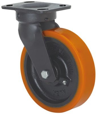ALEX - RUEDA GIRATORIA.PLACA 10GT150-HUB HIERRO-POLIUR.NARANJA EJE BOLAS