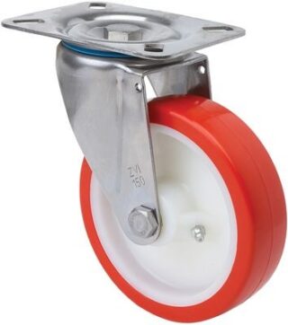 ALEX - RUEDA GIRATORIA.PLACA INOX.10ZVI200-PO NYLON BLANCO-POLIUR.ROJO EJE LISO