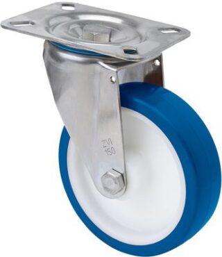 ALEX - RUEDA GIRATORIA.PLACA INOX.10ZVLI125-POA POLIAMIX BLANCO-POLIUR.AZUL EJE LISO