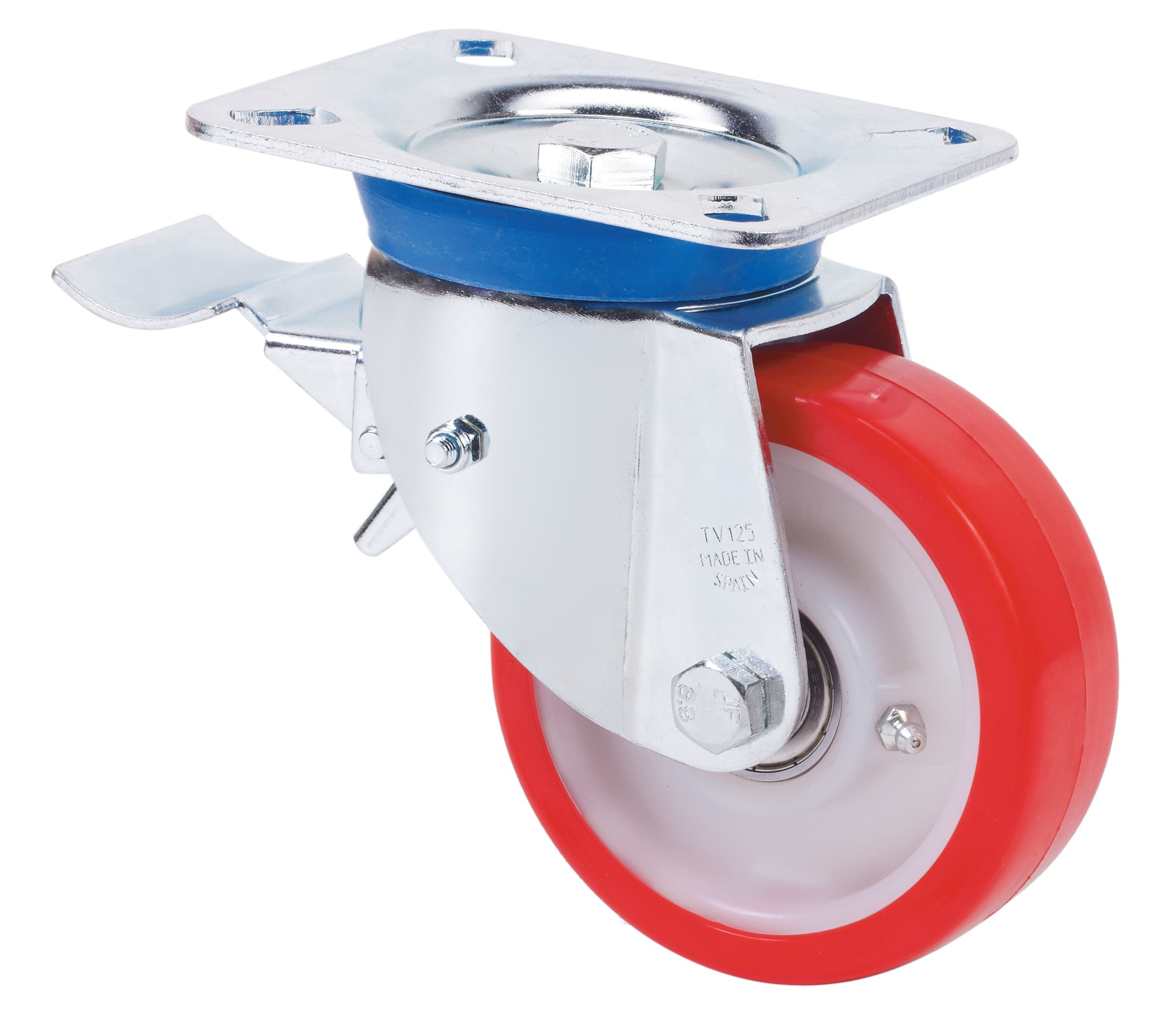 ALEX - RUEDA GIRATORIA.PLACA FRENO 10TVFD100-PO NYLON BLANCO-POLIUR.ROJO EJE LISO