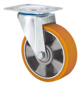 ALEX - RUEDA GIRATORIA.PLACA 10ZV200-AUB ALUMINIO-POLIUR.NARANJA EJE BOLAS