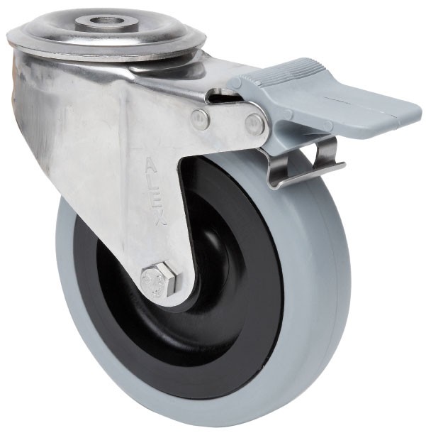 ALEX - RUEDA GIRATORIA.AGUJ.M12 FRENO INOX.20ZVLIFD100-PGAN POLIAMIX-GOMA GRIS LISO