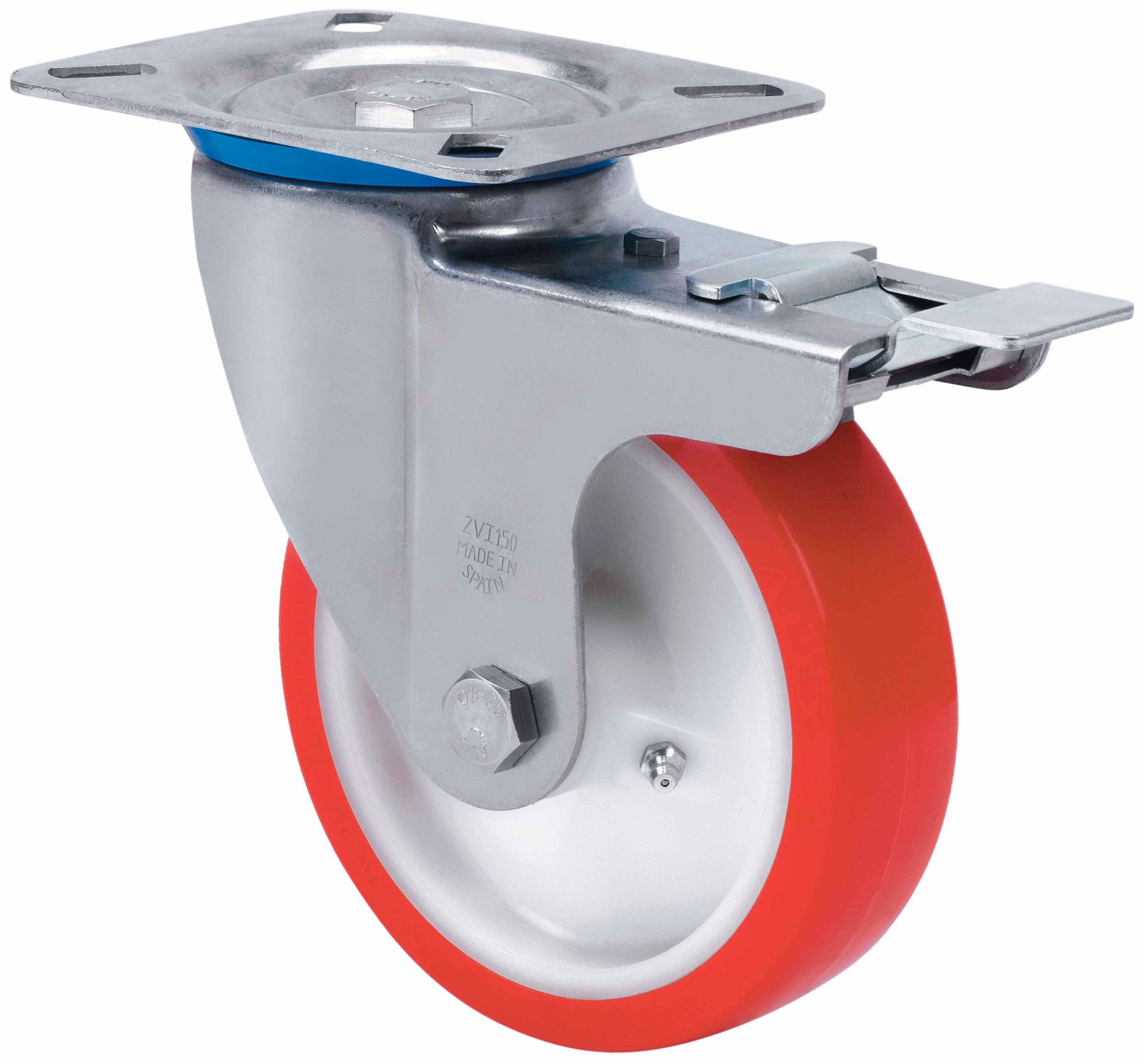 ALEX - RUEDA GIRATORIA.PLACA FRENO INOX.10ZVIFD100-PO NYLON BLANCO-POLIUR.ROJO LISO