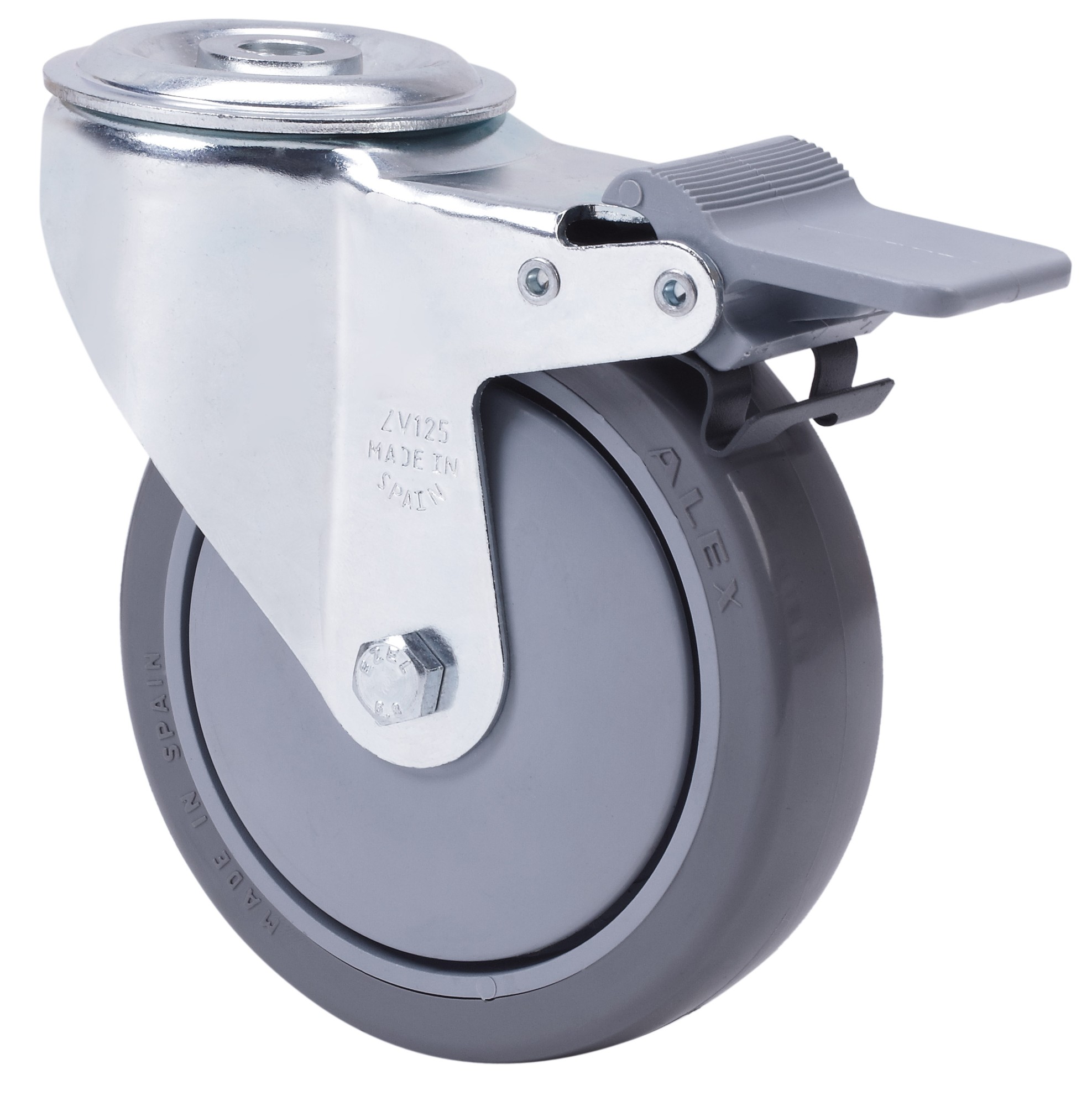 ALEX - RUEDA GIRATORIA.AGUJERO M12 FRENO 20ZVFD100CP-PUISB POLIP.-POLIUR.GRIS BOLAS