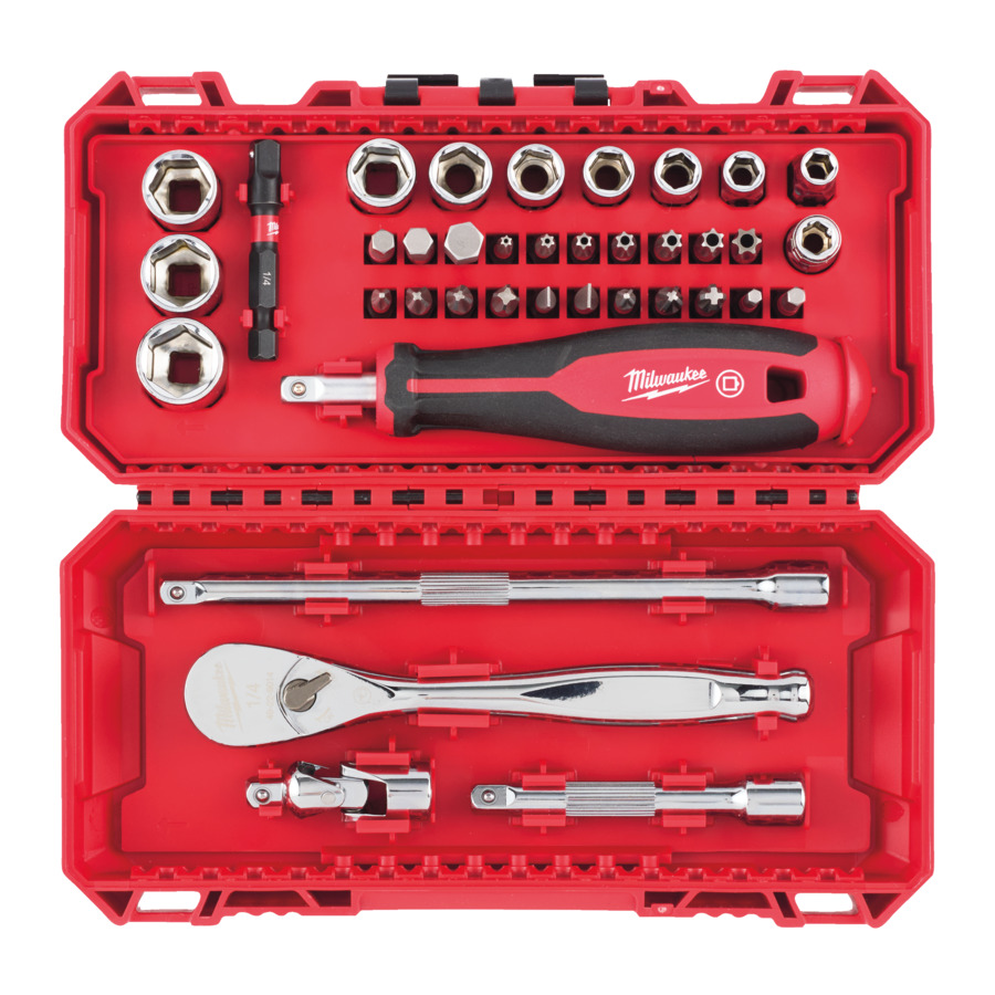 MILWAUKEE - ESTUCHE MILWAUKEE COMPACTO CON CARRACA DE 1/4 VASOS Y PUNTAS 38 PIEZAS