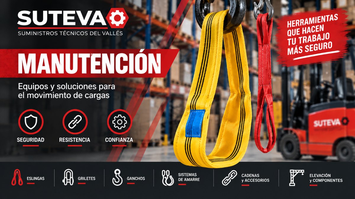 Eslinga tubular amarilla y eslinga roja colgadas de ganchos en un almacén con carretilla elevadora Suteva – eslingas de elevación y manutención