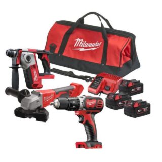 MILWAUKEE - KIT DE FONTANERIA TALADRO M18BPD+ MARTILLO SDS M18BH + AMOLADORA M18BLSAG115XPD Se suministra con 1 batería M18 B5, 2 baterías M18 B4 y
cargador M12-18 C, en bolsa de transporte