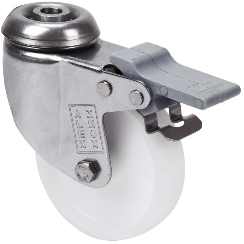 ALEX - RUEDA GIRATORIA.AGUJERO FRENO M10 INOX.20BHIFD60-BP PLASTICO BLANCO EJE LISO