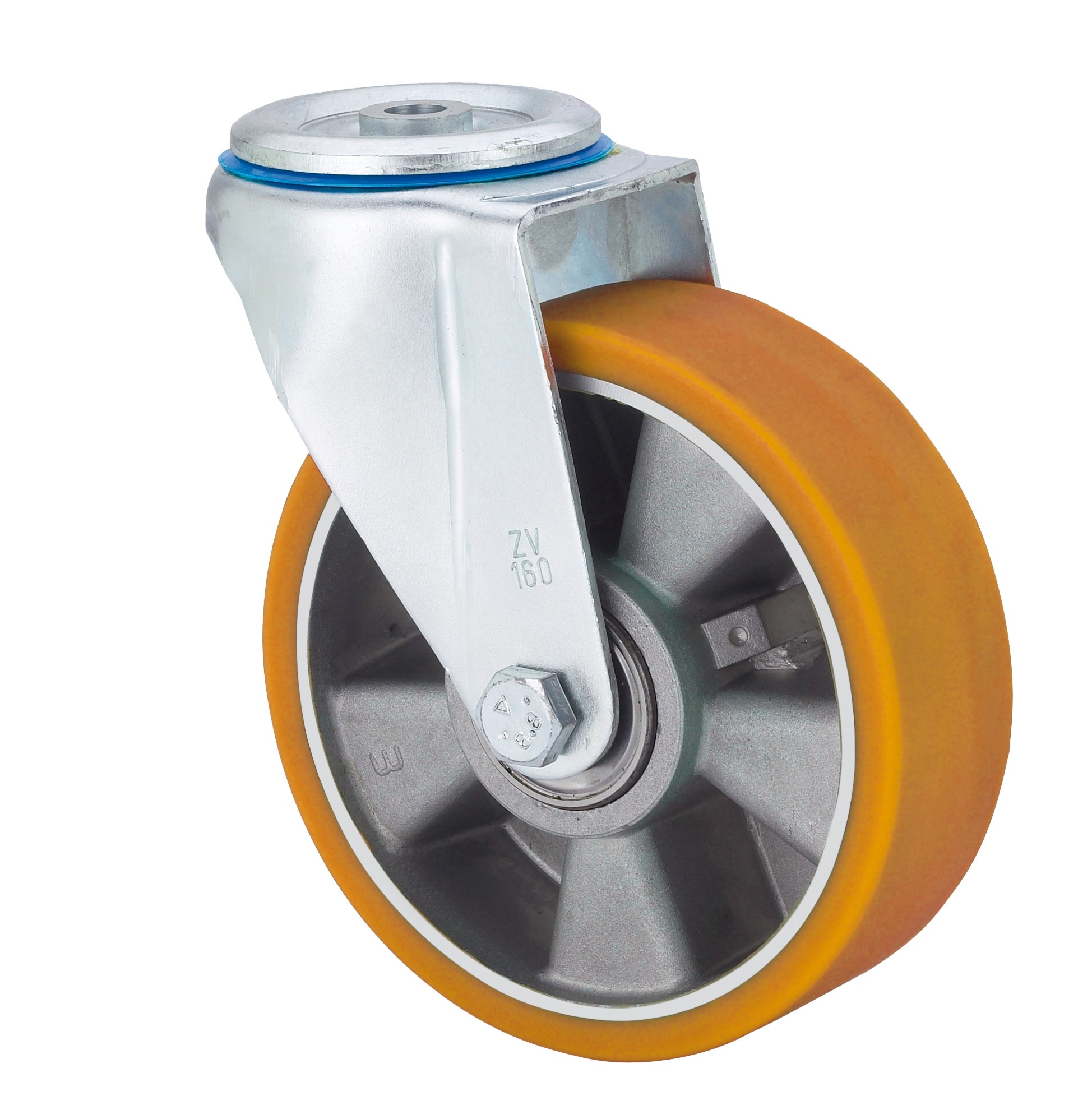ALEX - RUEDA GIRATORIA.AGUJERO M12 20ZV160-AUB ALUMINIO-POLIUR.NARANJA EJE BOLAS