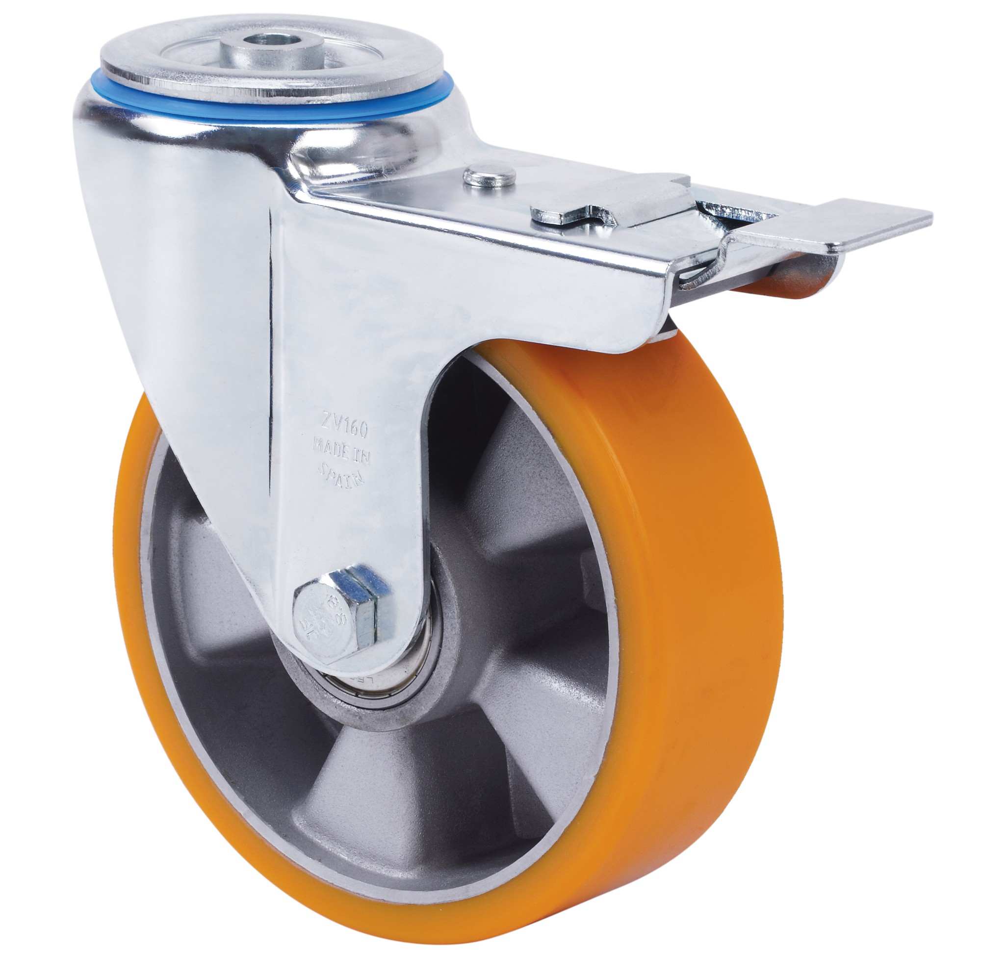ALEX - RUEDA GIRATORIA.AGUJERO M12 FRENO 20ZVFD160-AUB ALUMINIO-POLIUR.NARANJA BOLAS