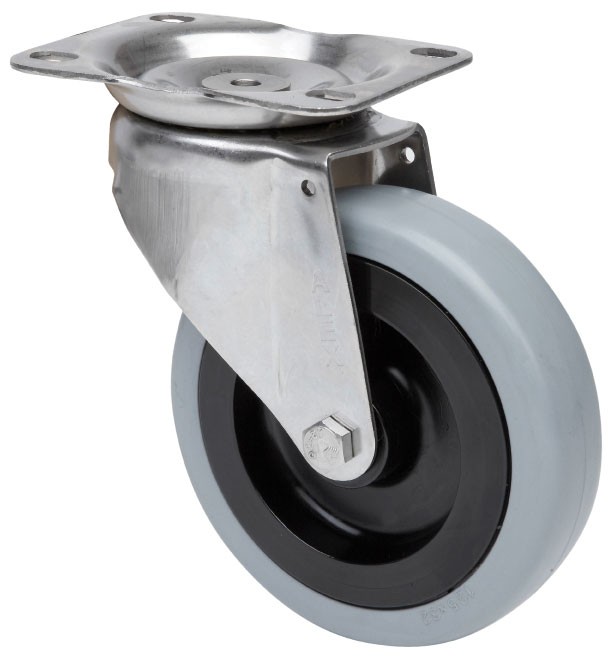 ALEX - RUEDA GIRATORIA.PLACA INOX.10ZVLI125-PGAN POLIAMIX-GOMA GRIS EJE LISO