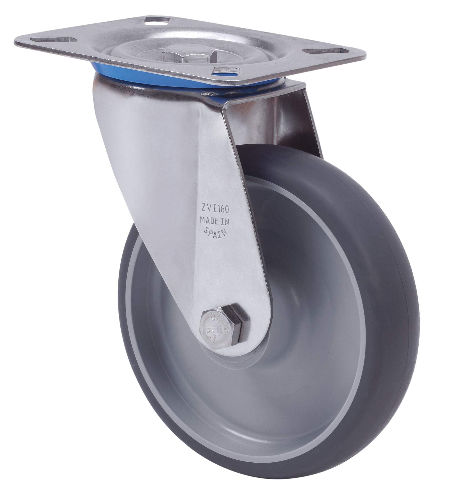 ALEX - RUEDA GIRATORIA.PLACA INOX.10ZVLI125-PGZN POLIAMIX-GOMA GRIS INYECT.EJE LISO