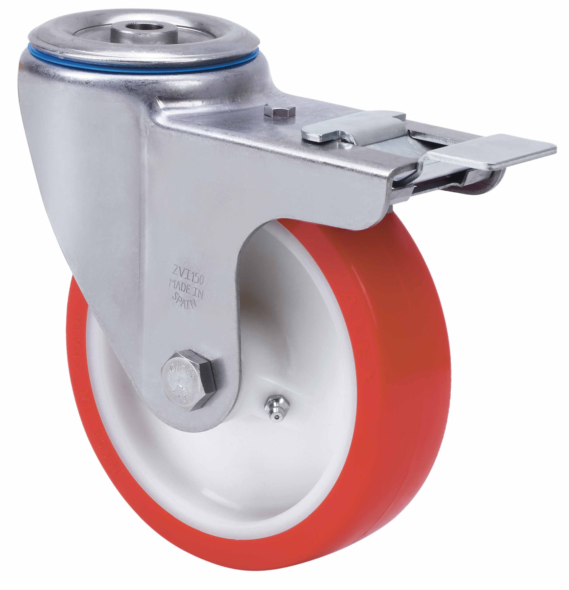 ALEX - RUEDA GIRATORIA.AGUJ.M10 FR.INOX.20ZVLIFD80-PO NYLON BLANCO-POLIUR.ROJO LISO