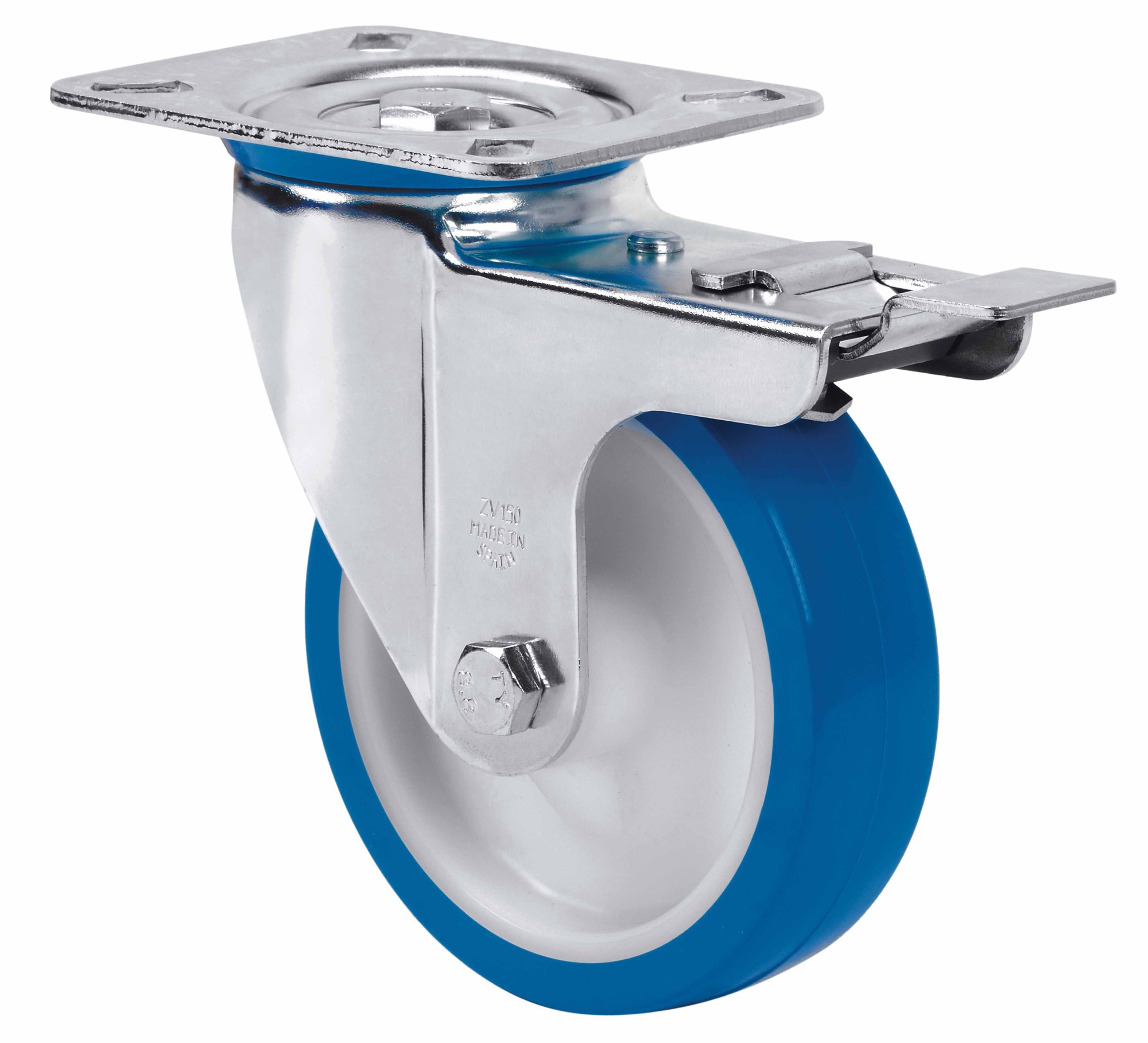 Rueda giratoria inox con freno Ø125 · poliuretano azul – ALEX 10ZVLIFD125-POAR