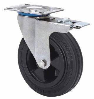 ALEX - RUEDA GIRATORIA.PLACA FRENO INOX.10ZVLIFD125-PSN POLIAMIX-GOMA NEGRA EJE LISO