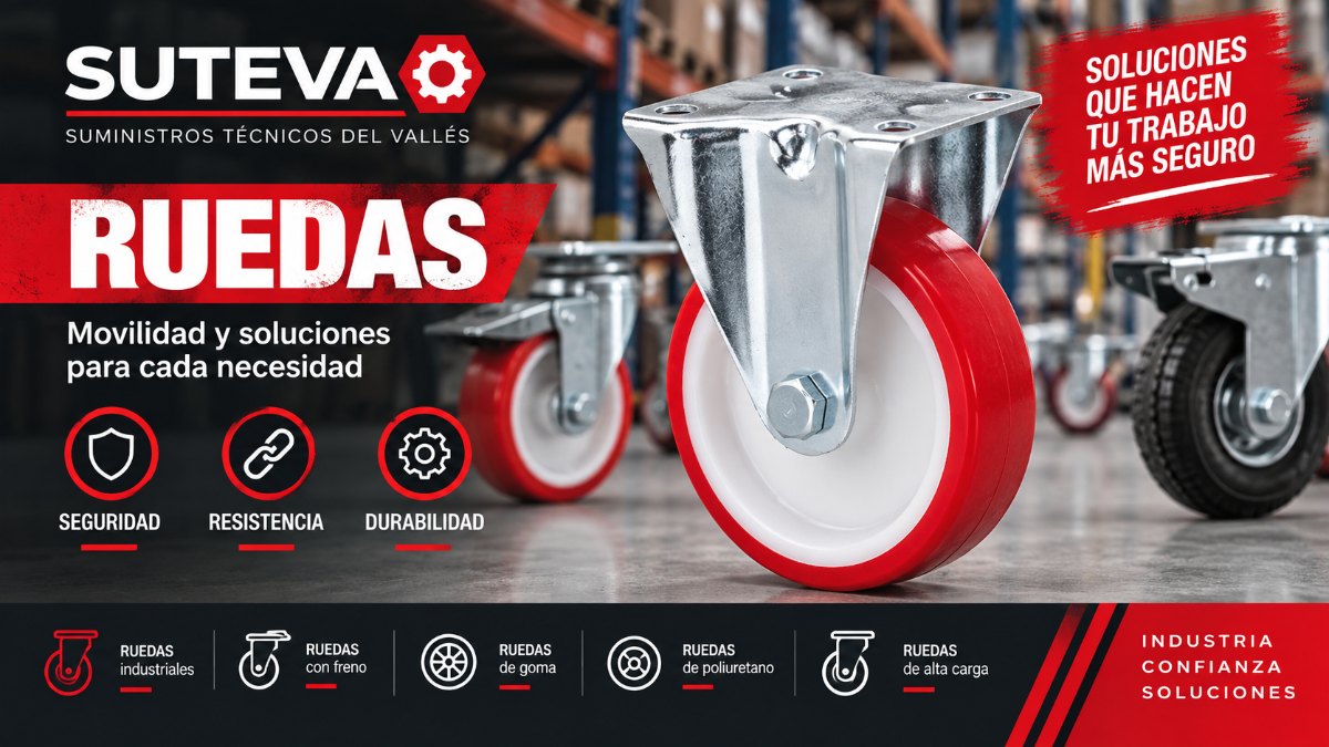 Rueda industrial fija con placa, núcleo de nylon blanco y banda de poliuretano rojo, junto a ruedas giratorias y con freno en un almacén – ruedas industriales Suteva