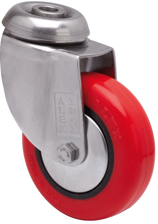 ALEX - RUEDA GIRATORIA.AGUJERO M10 INOX.20BHI80CP-PPI POLIAMIX-POLIUR.ROJO EJE LISO