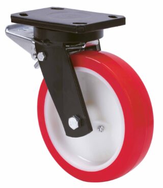 ALEX - RUEDA GIRATORIA.PLACA FRENO 10HLBFD150-PO NYLON BLANCO-POLIUR.ROJO EJE LISO