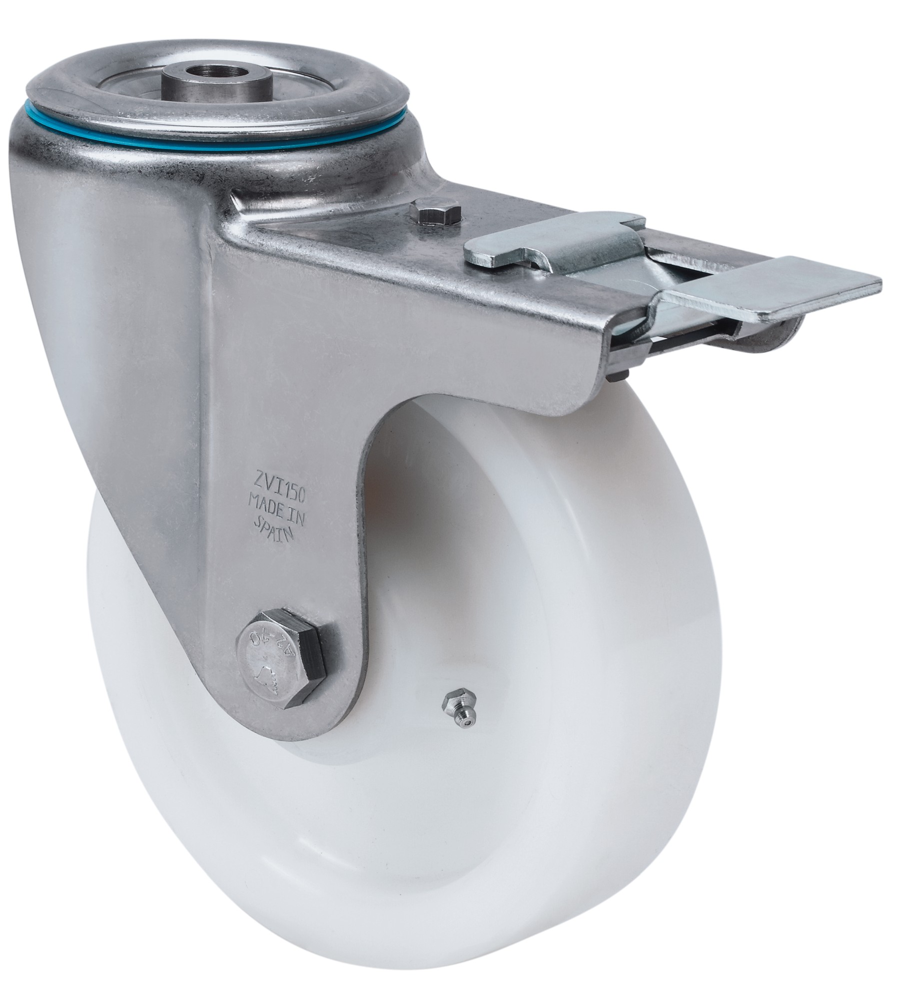 ALEX - RUEDA GIRATORIA.AGUJERO M12 FRENO INOX.20ZVIFD150-FT NYLON BLANCO EXTRAF.LISO