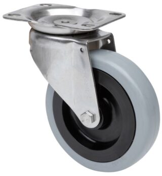 ALEX - RUEDA GIRATORIA.PLACA INOX.10ZVI125-PGAN POLIAMIX-GOMA GRIS EJE LISO