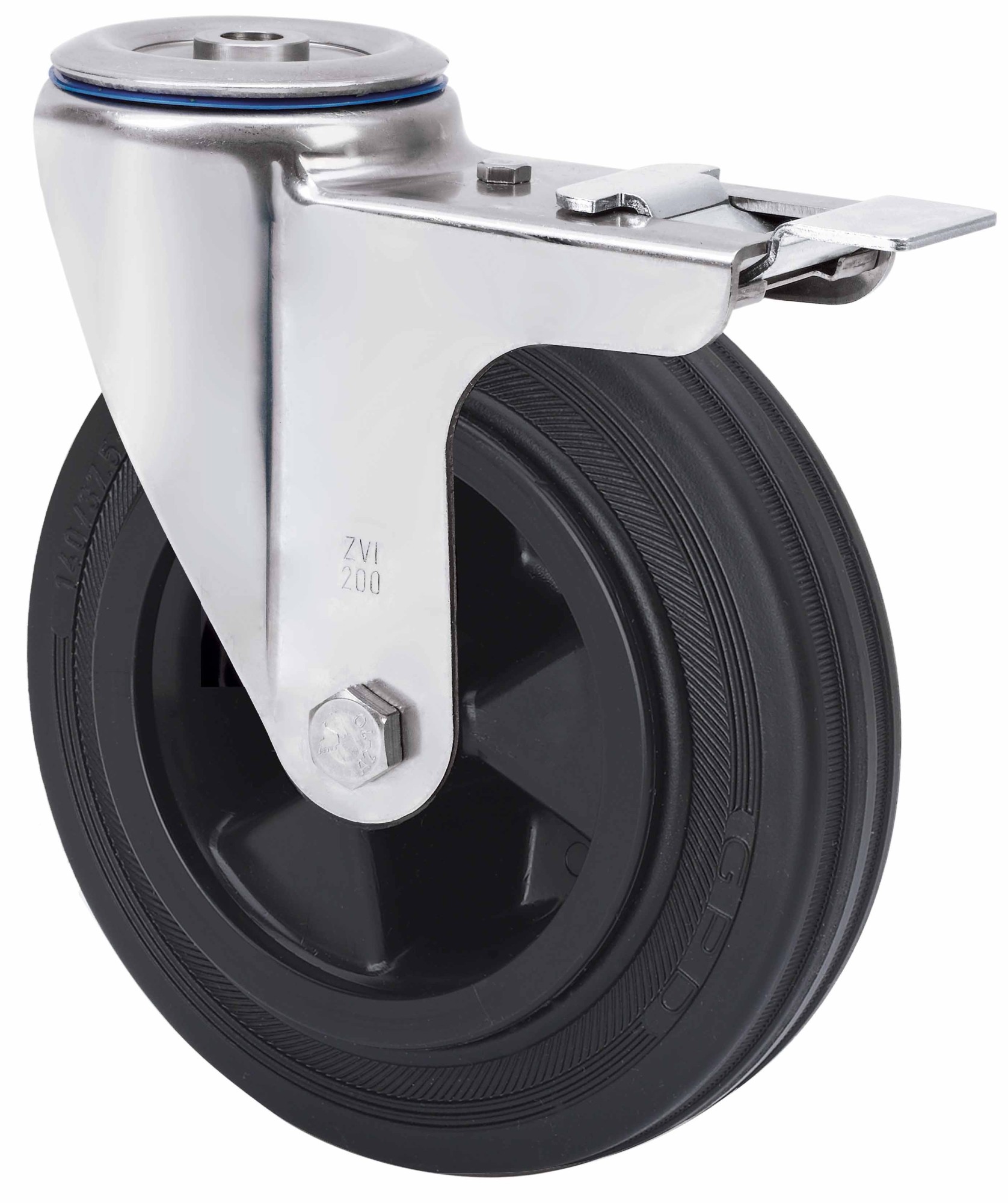 ALEX - RUEDA GIRATORIA.AGUJERO M12 FRENO INOX.20ZVIFD125-PSN POLIAMIX-GOMA NEGRA LISO