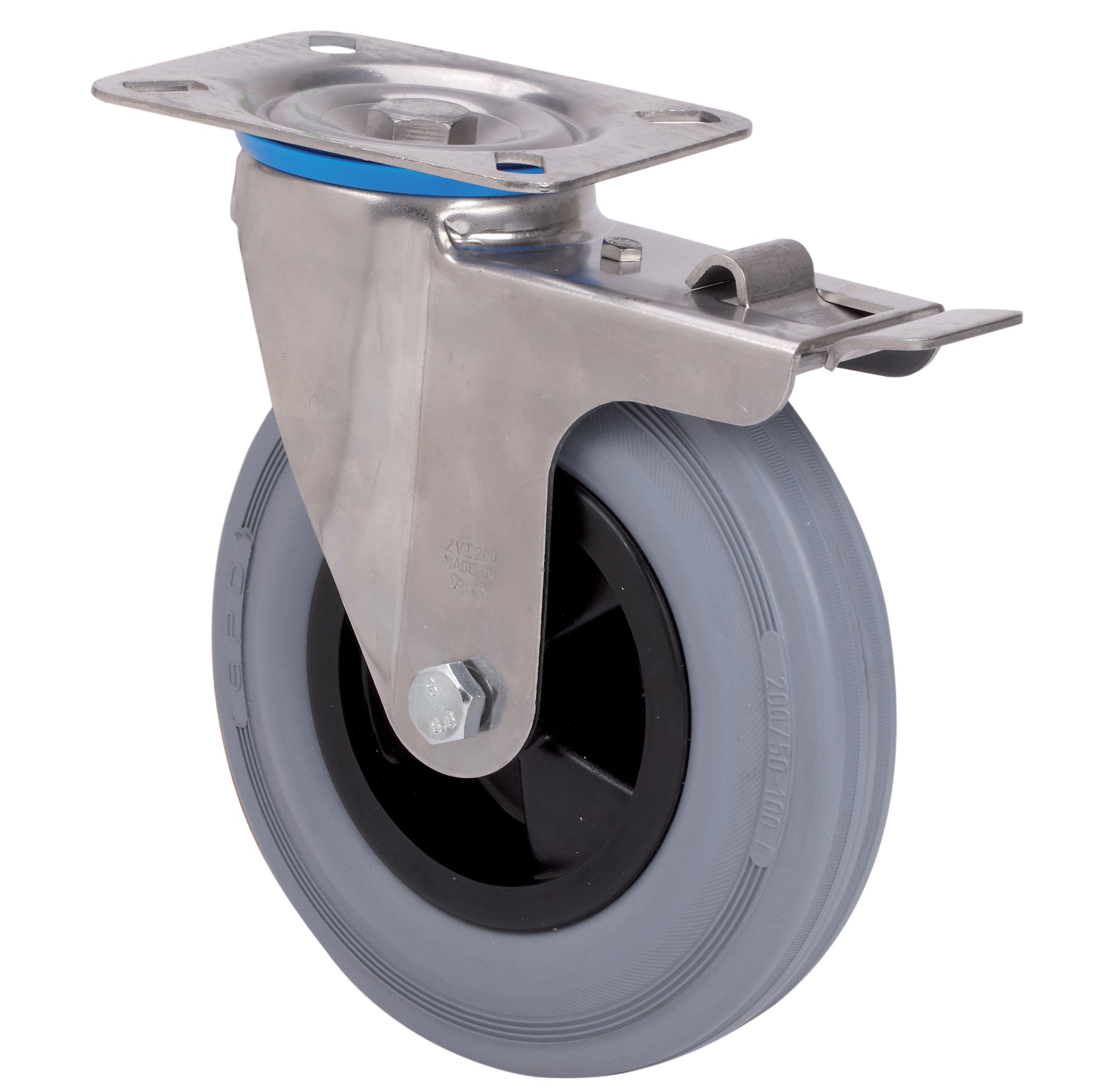 ALEX - RUEDA GIRATORIA.PLACA FRENO INOX.10ZVIFD160-PSN POLIAMIX-GOMA GRIS EJE LISO