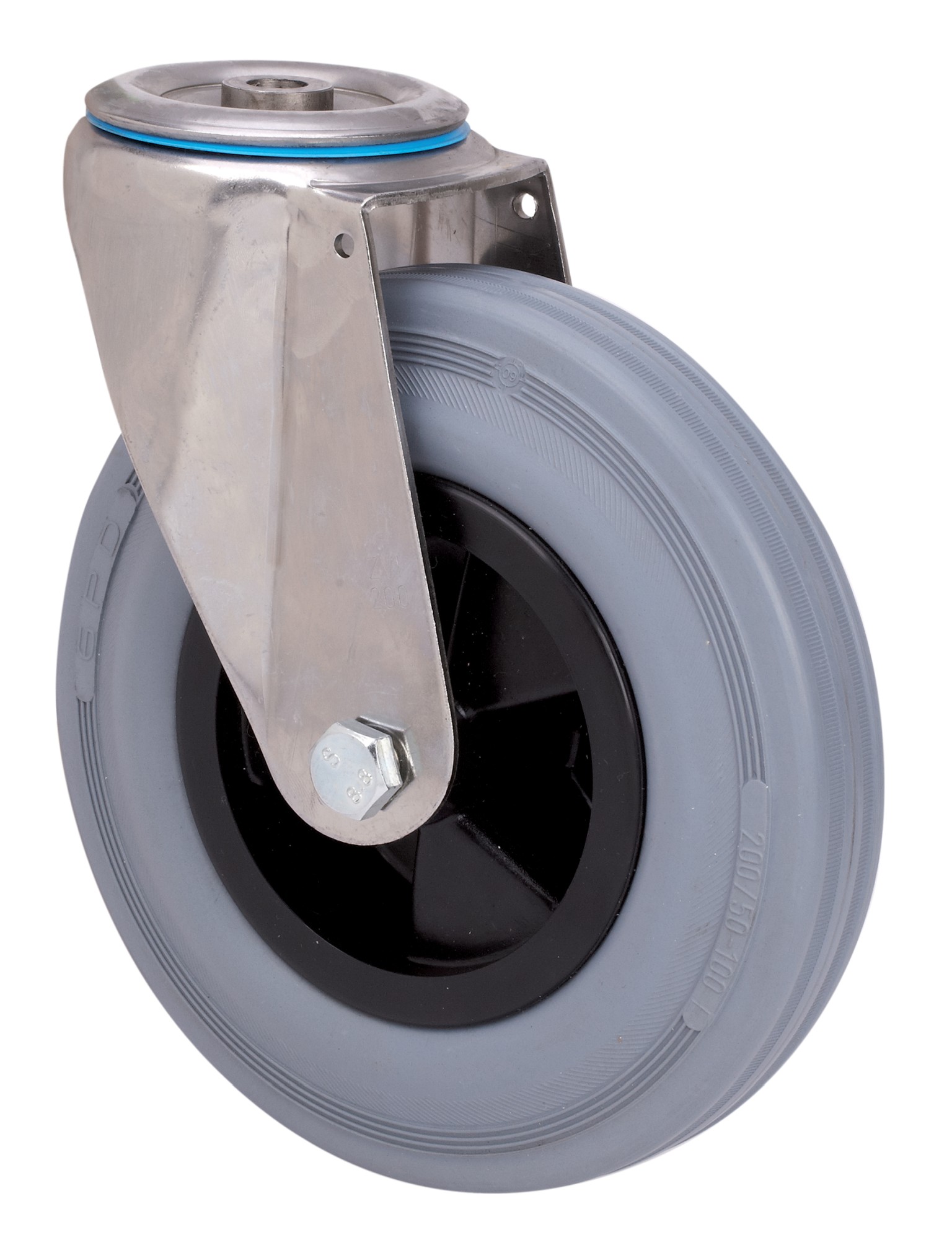 ALEX - RUEDA GIRATORIA.AGUJERO M12 INOX.20ZVI160-PSN POLIAMIX-GOMA GRIS EJE LISO
