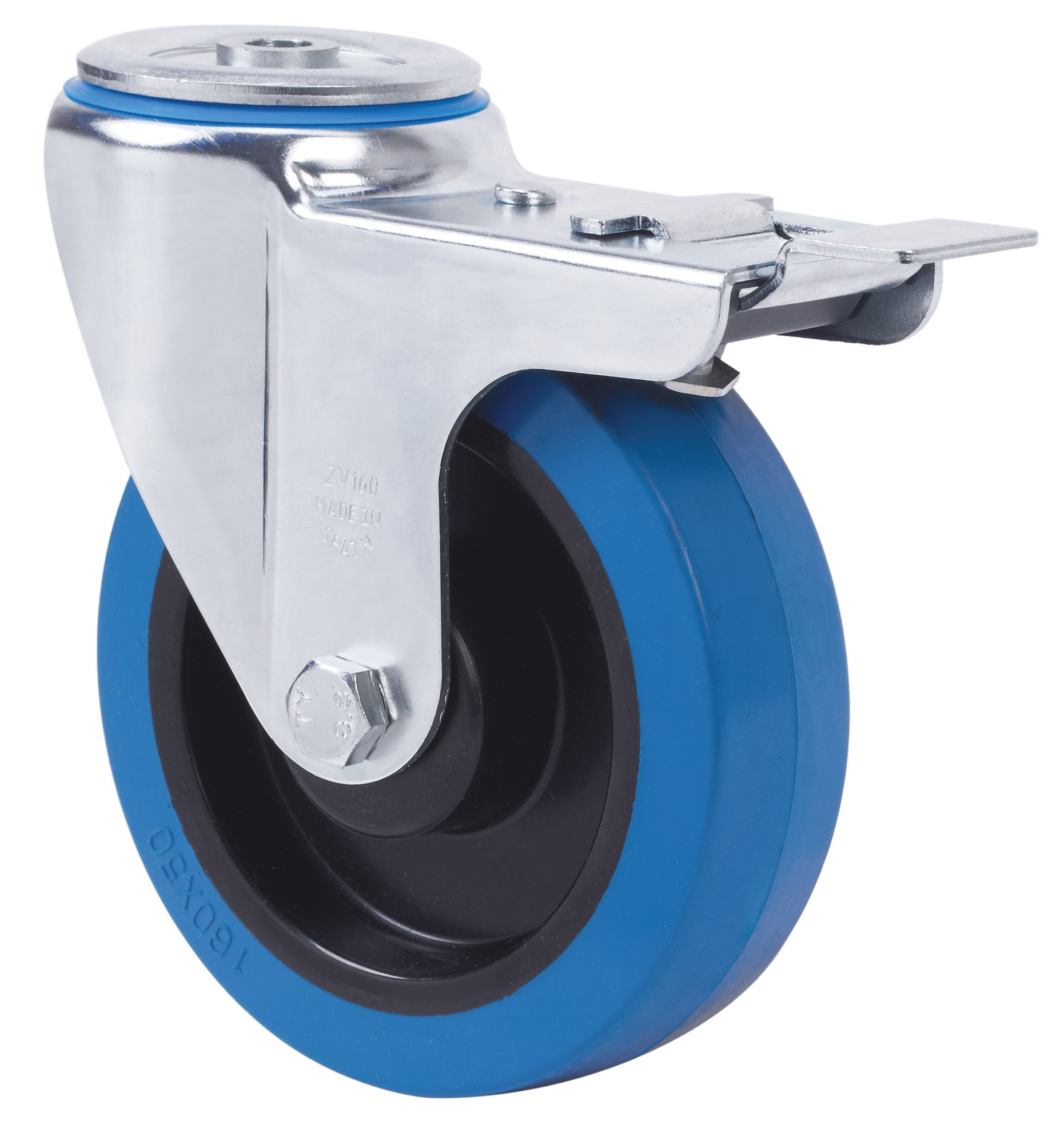 ALEX - RUEDA GIRATORIA.AGUJERO M12 FRENO 20ZVFD160-PGMR POLIAMIX-GOMA AZUL RODILLOS
